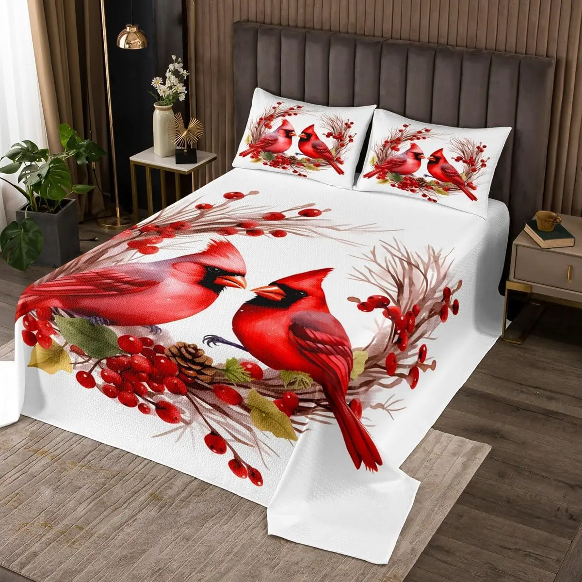Feelyou Red Cardinal Bird & Pine Cones Pattern Quilted Coverlet Set - Microfiber Soft Bedding Set, Decorative Bedding for Teens, Romantic Room Decor, Decorative Bedding Set, Microfiber Bedding Set