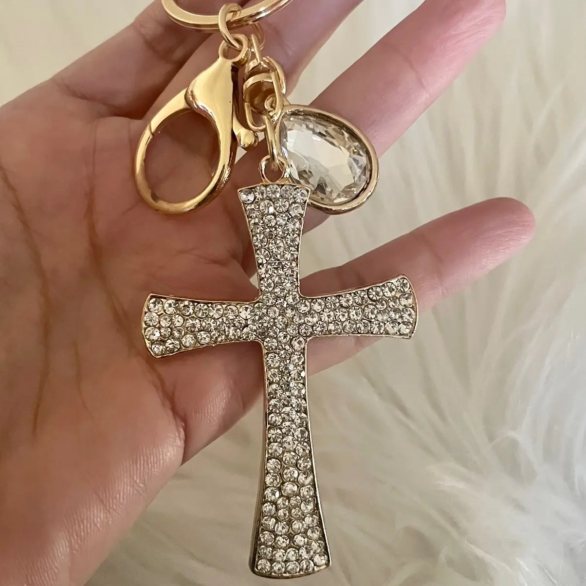 Cross Keychain - Sparkly Gem, Silver Cross Design, Gold Ring, Includes Clasp, Includes Clasp