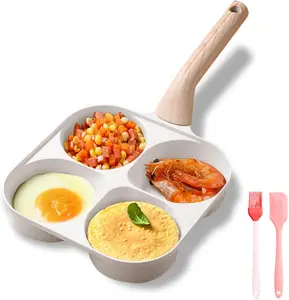 Multifunctional Non-stick Egg Frying Pan, 4-Hole Skillet with Wooden Handle, Medical Stone Nonstick Omelet & Pancake Maker for Burgers, Breakfast & Quick Home Cooking