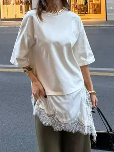 Women's Spring Summer Fashion Casual Asymmetrical Hem Lace Patchwork T-Shirt, Pure Color Round Neck Short Sleeve Loose Top Womenswear