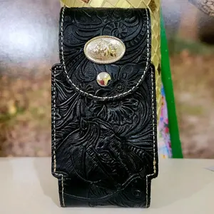 Horse Western Phone holster texas style genuine leather tooled  pattern black  color magnetic closure 7x 3.75 inches.