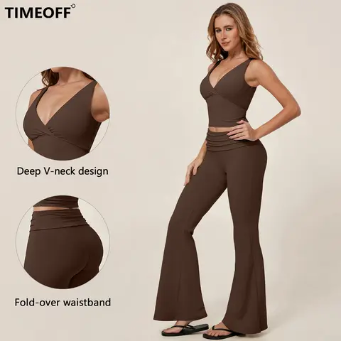 TIMEOFF Women's 2-Piece Stretchy Matching Workout Set - V-Neck Twist-Front Wrap Crop Tank Top, Fold-Over Stay-Put Waist Flare Yoga Pants, 2 Ways to Wear for Yoga, Athleisure