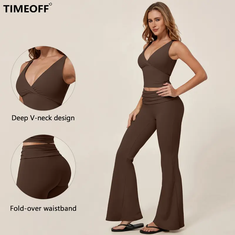 TIMEOFF Women's 2-Piece Stretchy Matching Workout Set - V-Neck Twist-Front Wrap Crop Tank Top, Fold-Over Stay-Put Waist Flare Yoga Pants, 2 Ways to Wear for Yoga, Athleisure