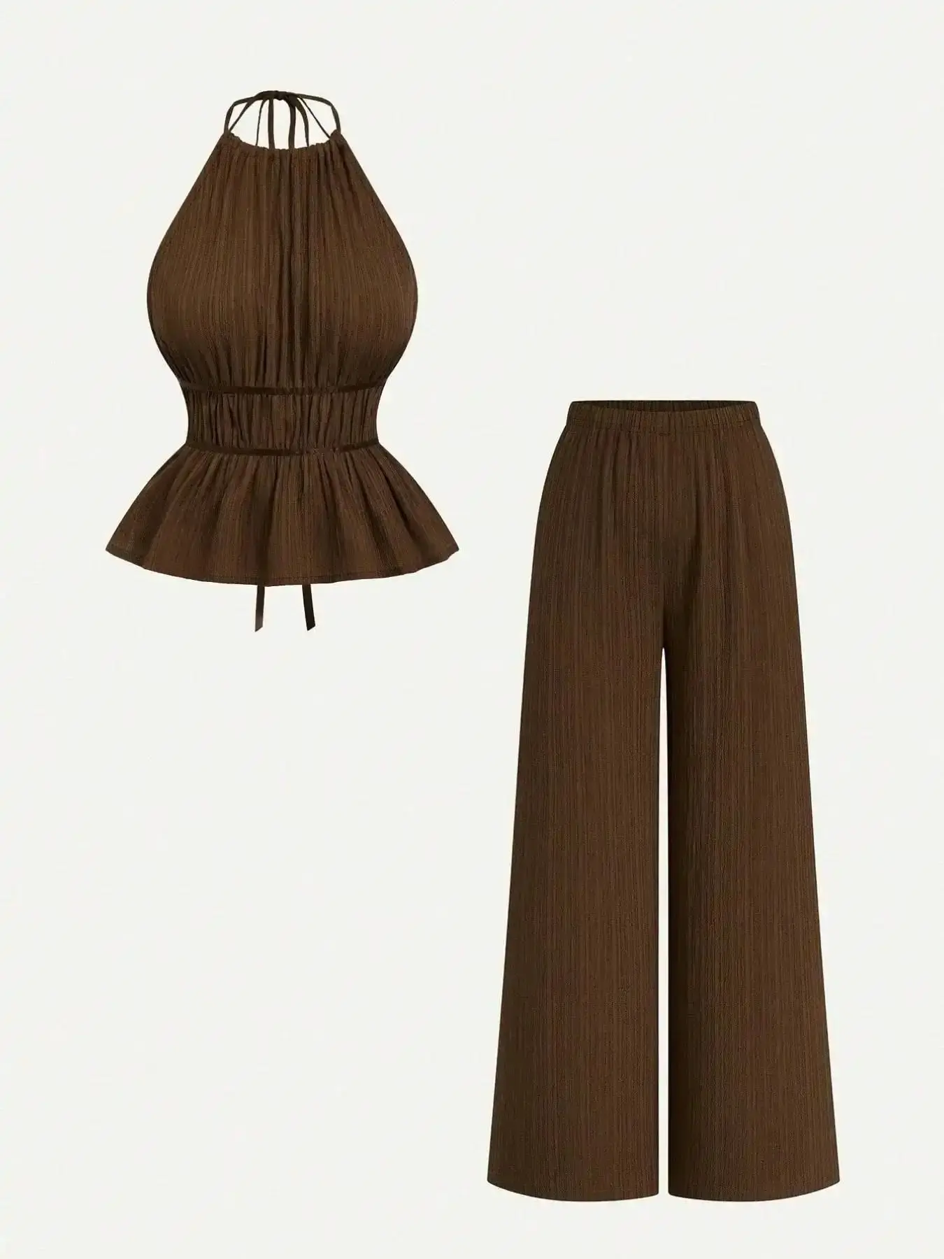 French-style elegant halter-neck ruched top and wide-leg pants set, textured fabric gentle-style elegance two-piece outfit, essential dating wear Womenswear Clothes Bottoms