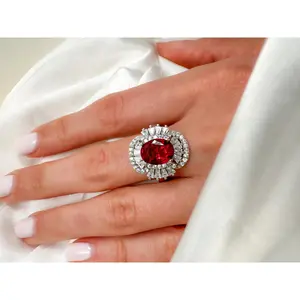 2Ct Oval Cut Ruby Statement Silver Ring, Size 7