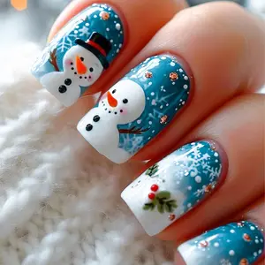 Christmas 24pcs Medium Square Nail Set, Acrylic Nails Kit, Snowman & Snowflake Design, Full Coverage Acrylic Nails, Includes Jelly Glue & File, Women & Girls