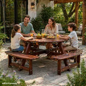Max 8-Person Round Picnic Table Set, 4 Built-in Benches & Umbrella Hole, Brown Furniture for Garden, Backyard, Outdoor Decor