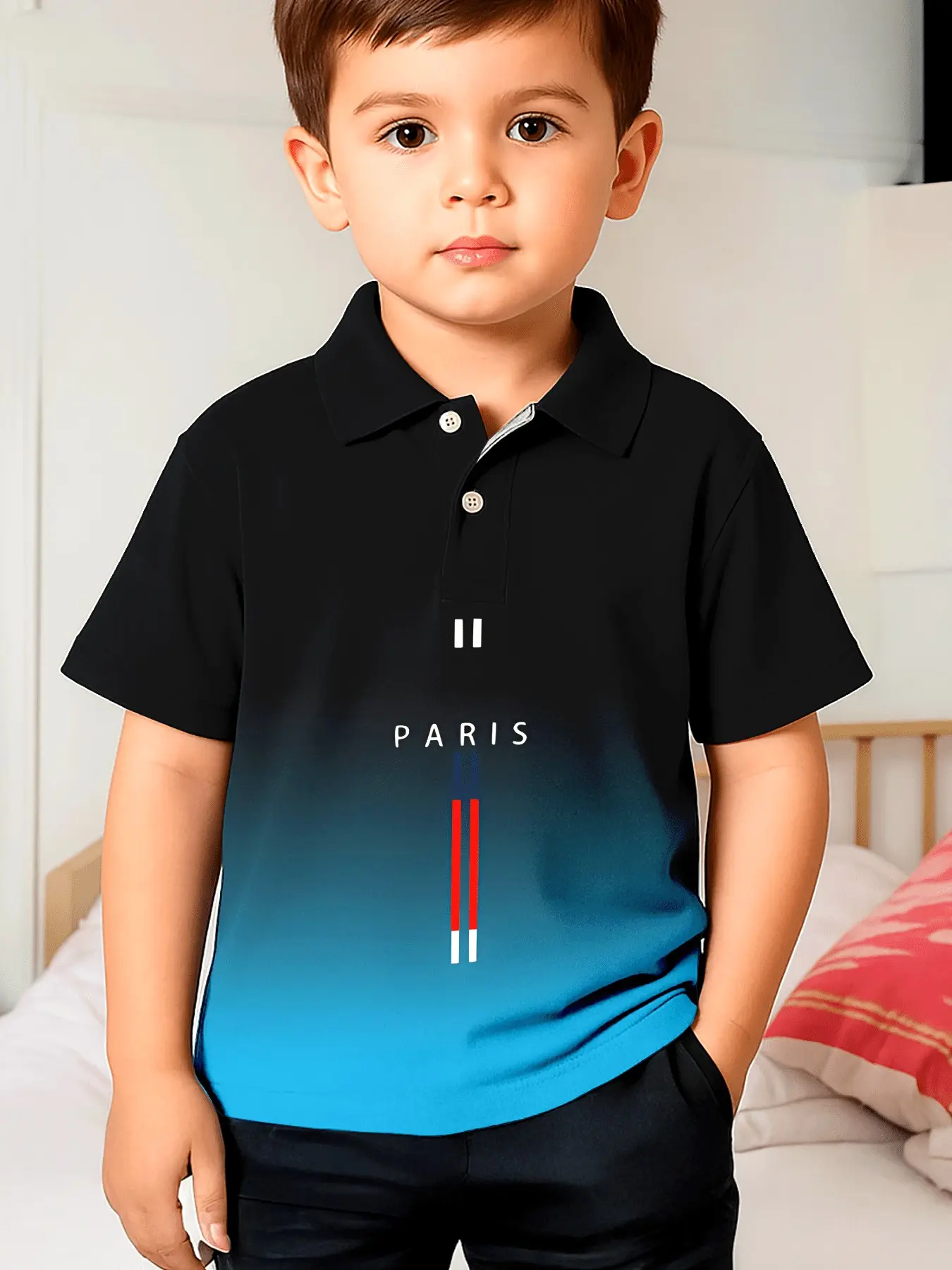 New 3D Fashion Youth Short Sleeve Gradient Paris Pattern Summer Children Polo Shirt, Boys Casual Slim-Fitting Top, Polo Shirt For Kids, Printed Shirt, Graphic Polo Shirts