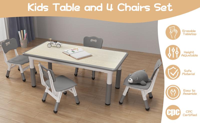 GARVEE Adjustable Table and Chair Set for Ages 2-10, Featuring Graffiti Desktop and Non-Slip Legs, Perfect for Arts & Crafts Activities in Daycare, Classroom, or Home - Available in Grey and Natural Colors