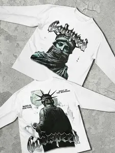 Unisex Long Sleeve T-Shirt, Lady Liberty Sculpture Letter Print, Casual Fashion Comfort Simple Pure Color Tee