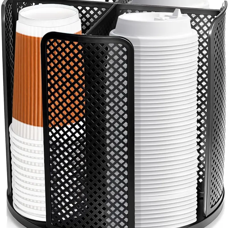 Coffee Cup Dispenser, Disposable Paper Cup and Lid Holder 360° Rotatable with 4 Compartments,Can Stacking 3-16oz Cups and Lid Holder for Coffee Shop,Home Countertop,Office,Restaurant,Kitchen