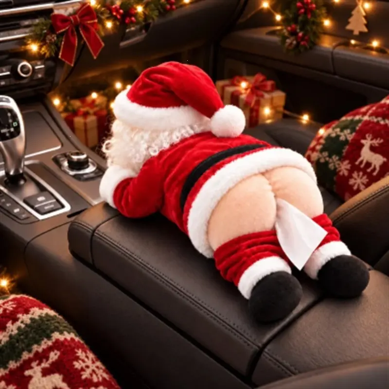 Funny Santa Butt Tissue Box Cover, Cute Christmas Santa Claus Plush Tissue Holder, Car Armrest Napkin Dispenser, Xmas Holiday Decor for Car Home Party