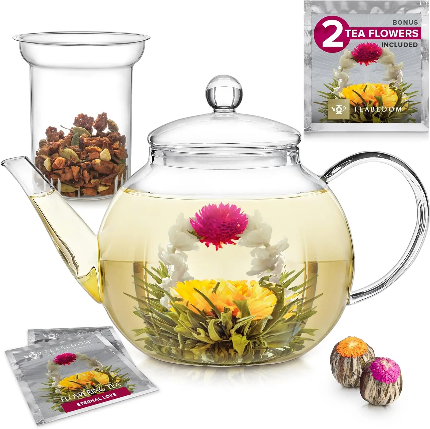 40 oz Glass Teapot with Infuser and Blooming Teas - 2-in-1 Tea Kettle and Tea Maker - Microwave and Dishwasher Safe - Jugs, Drinkware Borosilicate Set Teacup