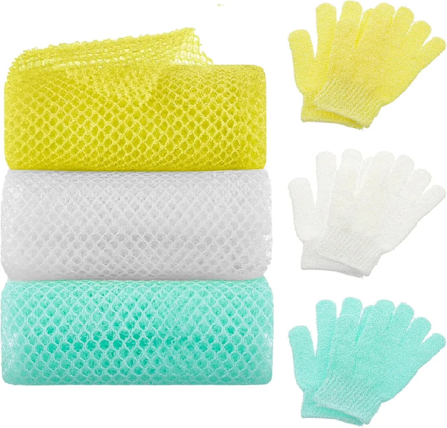 6 Pack African Net Sponge Exfoliating Glove Set, 3 Bath Sponge Body Scrubber Back Scrubber and 3 Pairs Exfoliating Gloves, Bathing Accessories Gloves