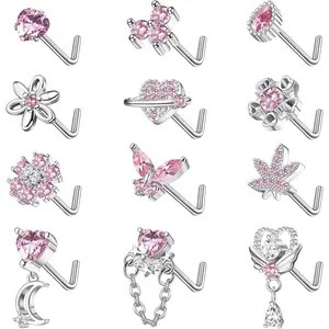 MILACOLATO 12 PCS 20G Nose Rings Surgical Stainless Steel, L Shaped Nose Studs for Women Men, CZ Heart Butterfly Flower Leaf Moon Dangle Cute Nose Piercings Studs Screw Jewelry Pink/Purple/Blue/Clear
