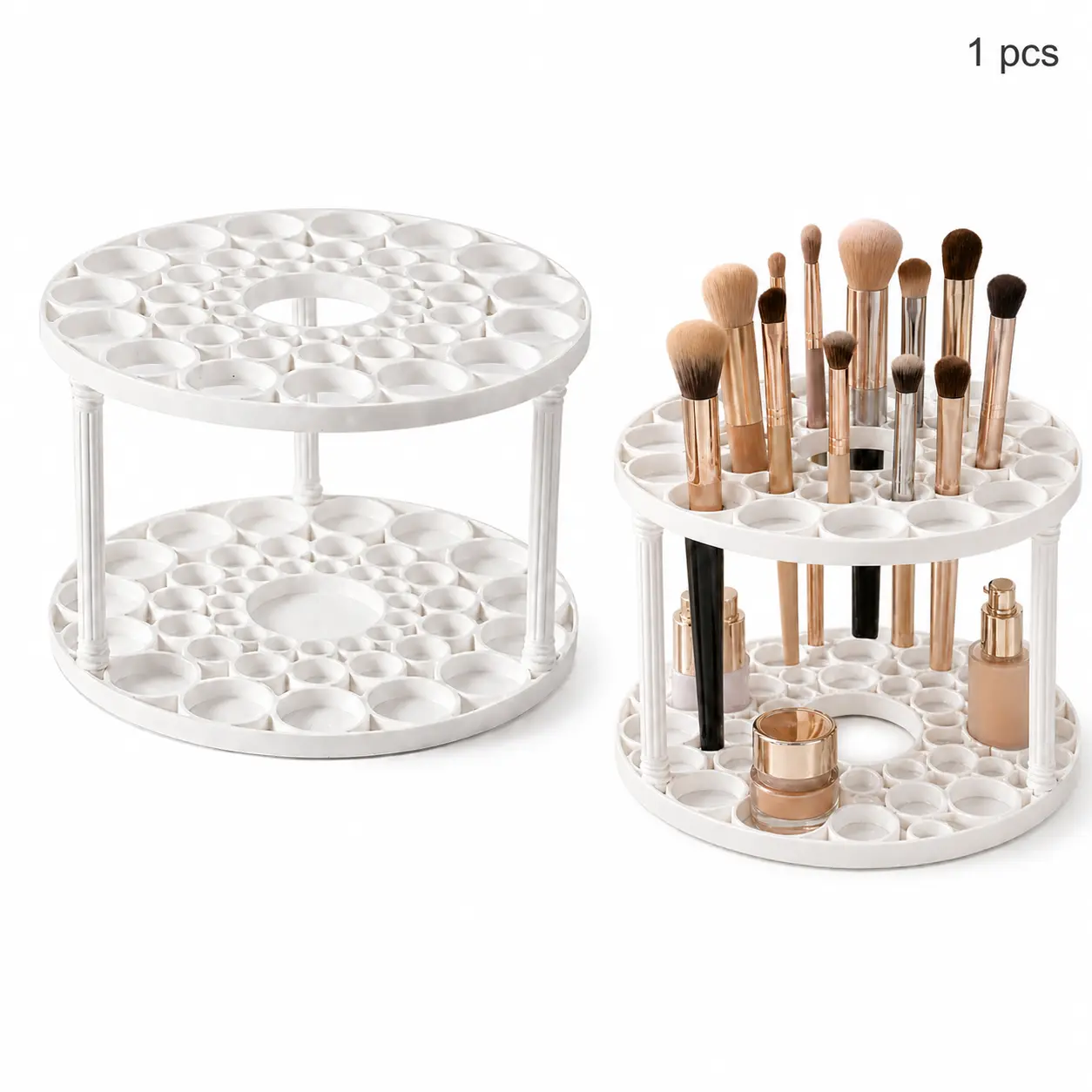 White 2-Tier Cosmetic Organizer, Large-Capacity Multi-Slot Vanity Countertop Holder for Makeup Brushes, Lipsticks, Skincare Bottles & Beauty Tools (Space-Saving)