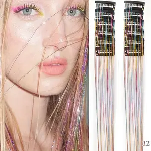 12Pcs Fairy Hair Metal Wire Set, Clip-On Rainbow Hair Tinsel Accessories, 20-Inch Sparkling Hair Extensions for Women & Girls Party Music Festival
