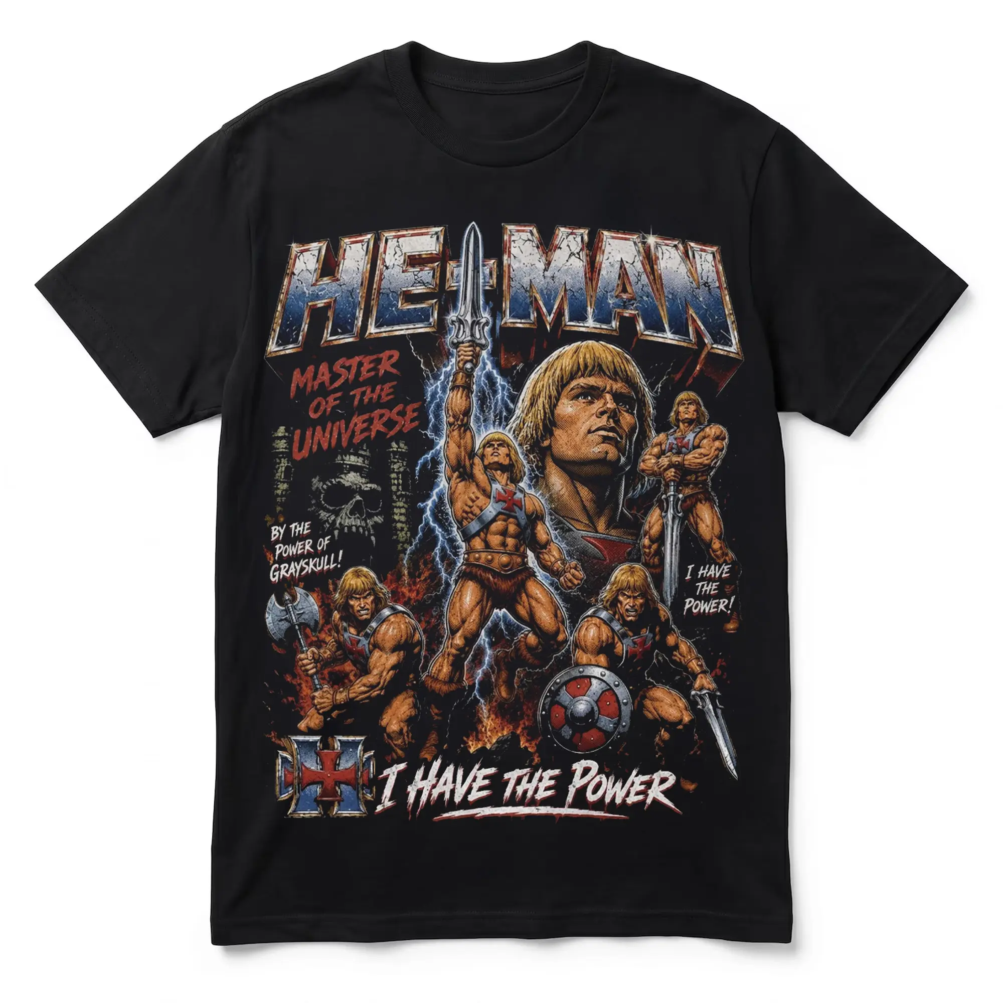 Vintage He-Man Masters of the Universe graphic tee featuring classic bootleg comic artwork for nostalgic retro vibes