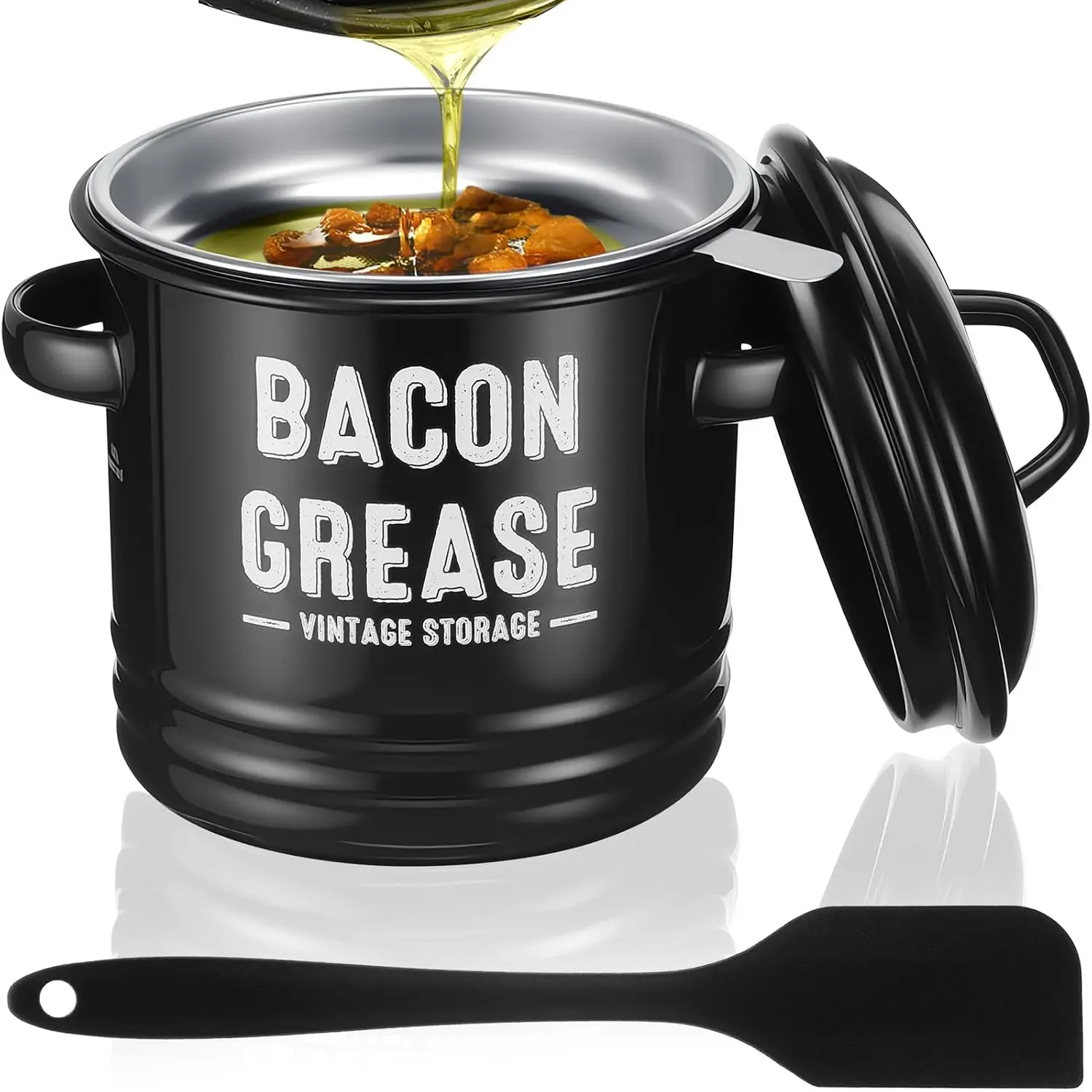 LUITON Sturdy Large Volume Rustic 1.2L/41oz Heat Resistant Stainless Steel Bacon Grease Saver with Strainer, Lid, Reusable Silicone Spatula, Farmhouse Enamel Oil Container, Dishwasher Safe Kitchen Utensil for Cooking, Housewarming (Black)