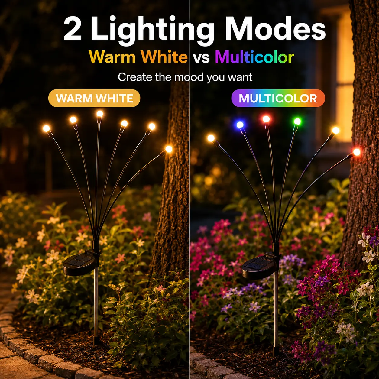 2-Pack Waterproof Solar Swaying Firefly Lights - Color Changing LED Landscape Stake Lights with Flexible Stem for Outdoor Garden Decoration solar outdoor lights