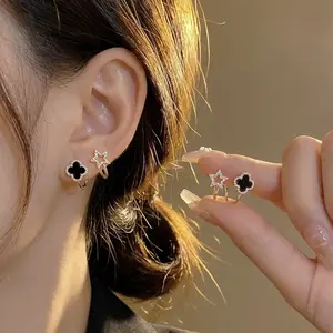 Black Agate Clover Star Ear Cuffs S925 Silver Needle Zircon Micro-Pave Design, Chic Fashion Jewelry Elegant Earrings for Women