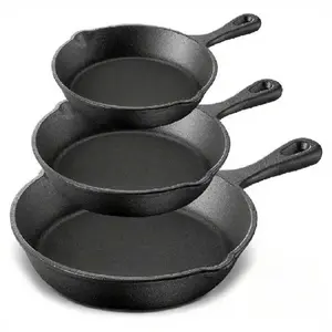 3Pcs Cast Iron Pan Pre-Seasoned Iron Skillet Set Heavy Duty Skillet Set With Pouring Lip For Grilling Searing Frying Baking(6 Inch, 8 Inch And 10 Inch) - Black