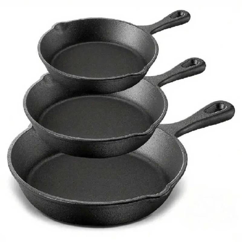 3Pcs Cast Iron Pan Pre-Seasoned Iron Skillet Set Heavy Duty Skillet Set With Pouring Lip For Grilling Searing Frying Baking(6 Inch, 8 Inch And 10 Inch) - Black