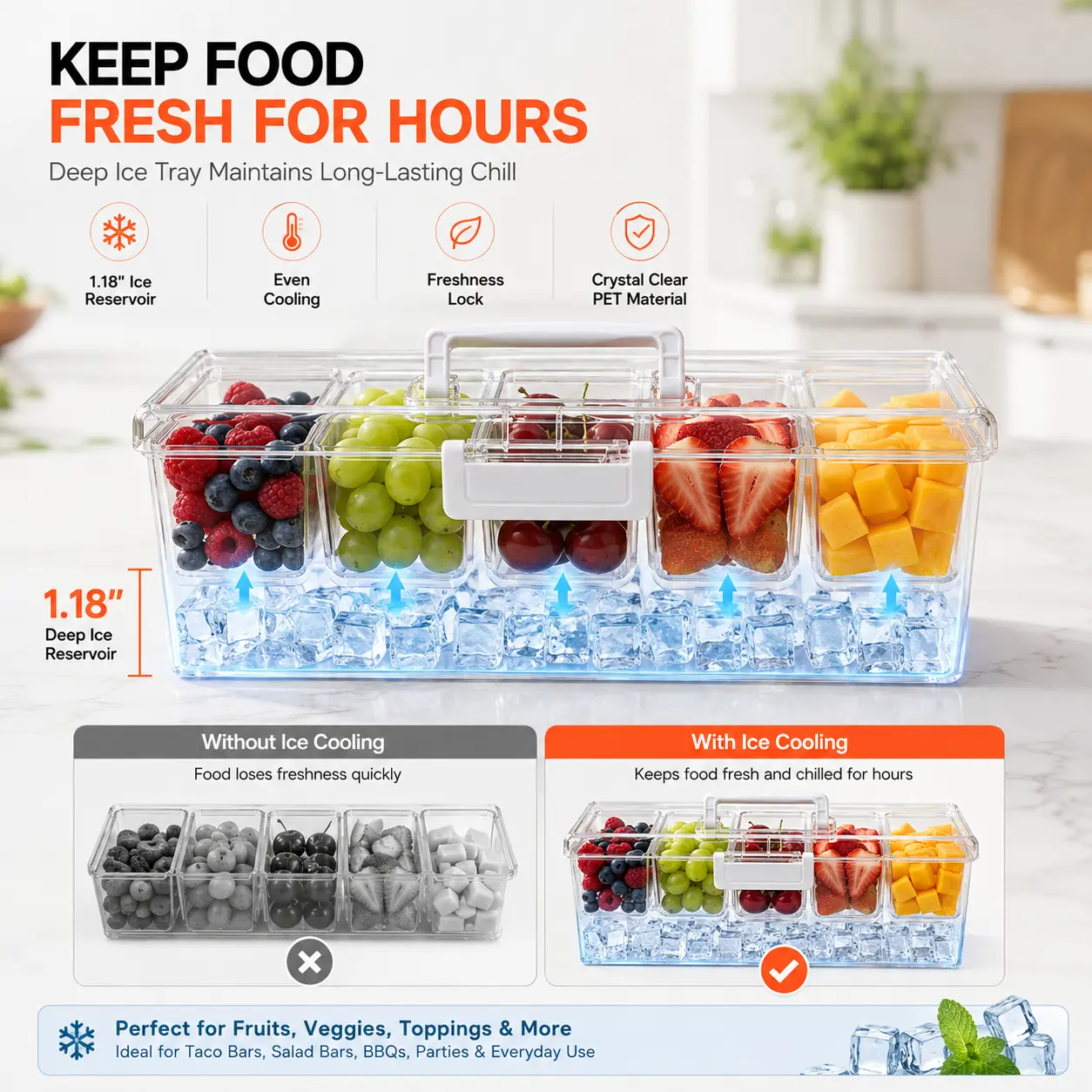 5-Compartment Chilled Condiment Server Caddy, Ice-Cooled Plastic Food Storage Container with Lid, Fruit Garnish Tray Platter for Taco Salad Bar, Party Supplies