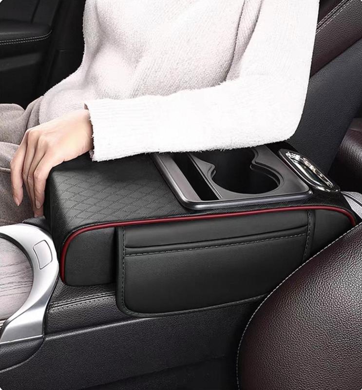 Car Armrest Cushion,5-in-1 Center Console Cover with 2 Storage Bags Cup Holder, Tissue Box Slot, Phone Slot for Sedans, Car Accessories Interior Organizers (Black red)