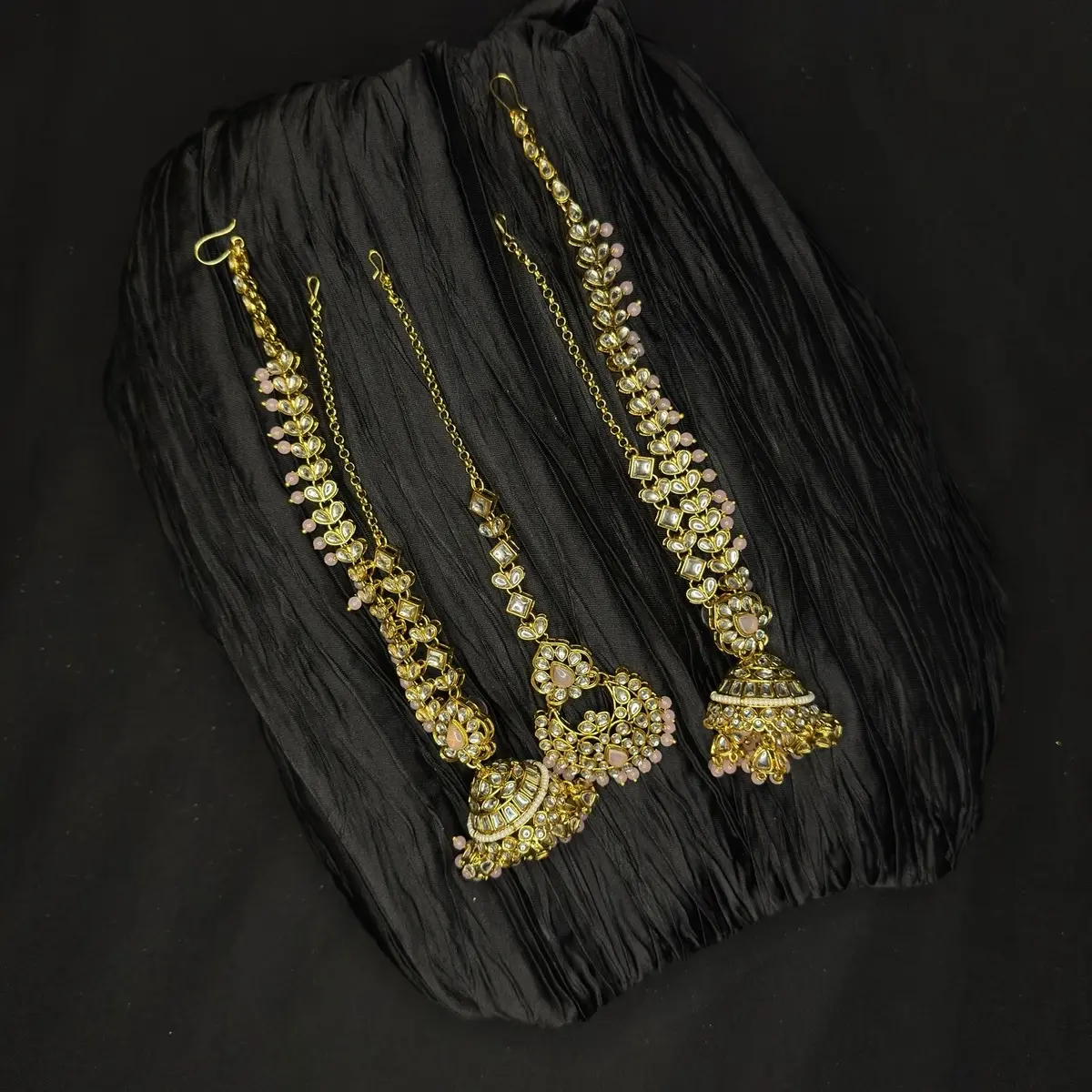 Indian Jewelry: Gold and Light Pink, Earrings and Tikka Set