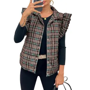 Imily Bela Womens Plaid Puffer Vests Ruffle Sleeveless Lightweight Quilted Vest Fall Winter Padded Gilets Coats