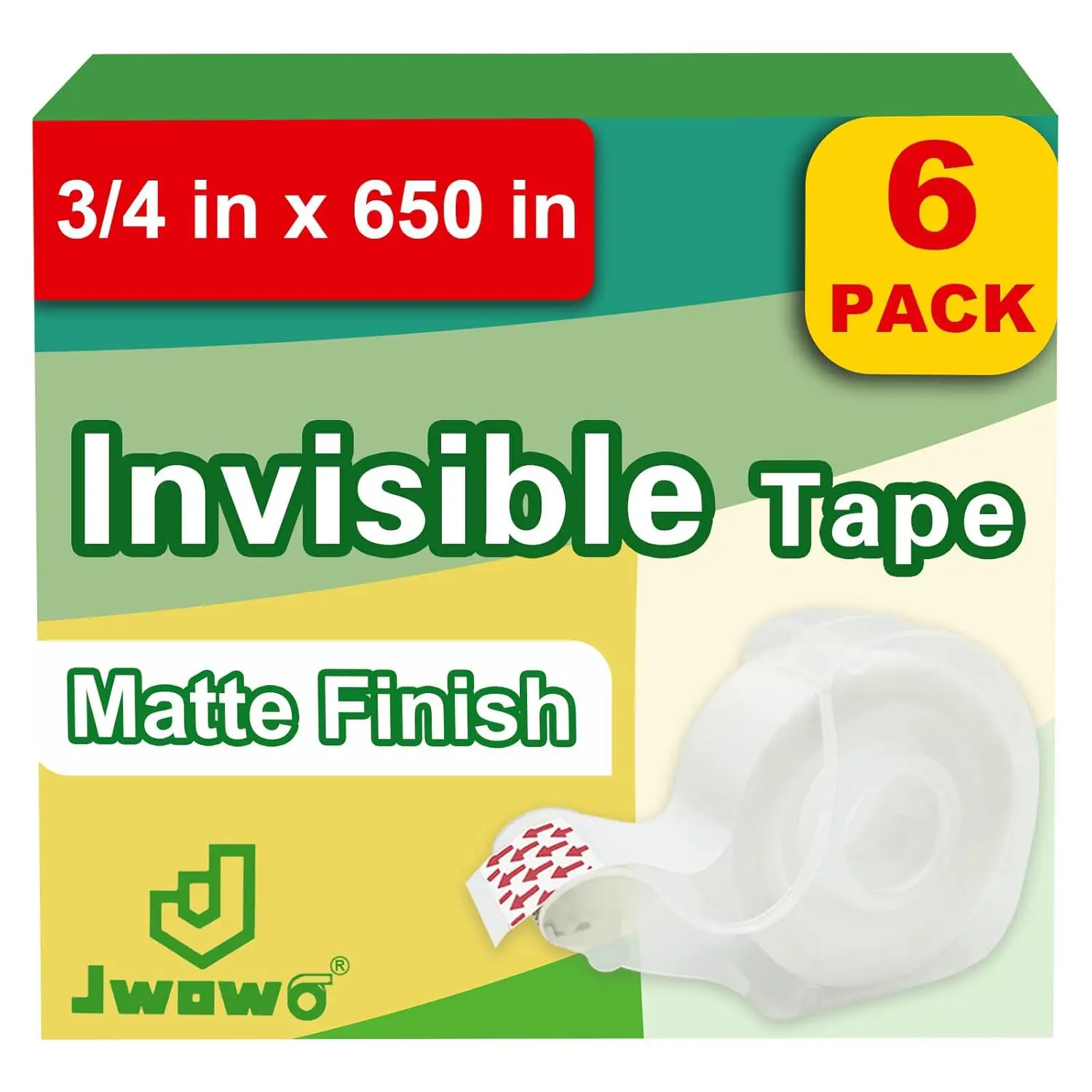 JWOWO Invisible Tape with Refillable Tape Dispenser, Holiday Supplies and Gift Wrap Tape, Great for Christmas Crafts, Matte Finish, 3/4 in x 650 in 6 Pack