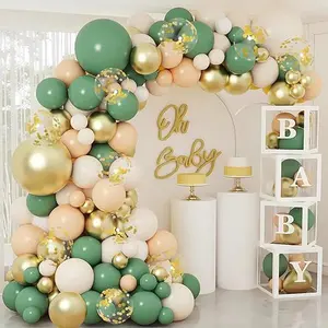 136pcs Baby Shower Decor, Baby Shower Balloon Boxes with Green Gold Balloon Arch Garland Kit, Jungle Baby Shower, Gender Reveal, Boy Girl