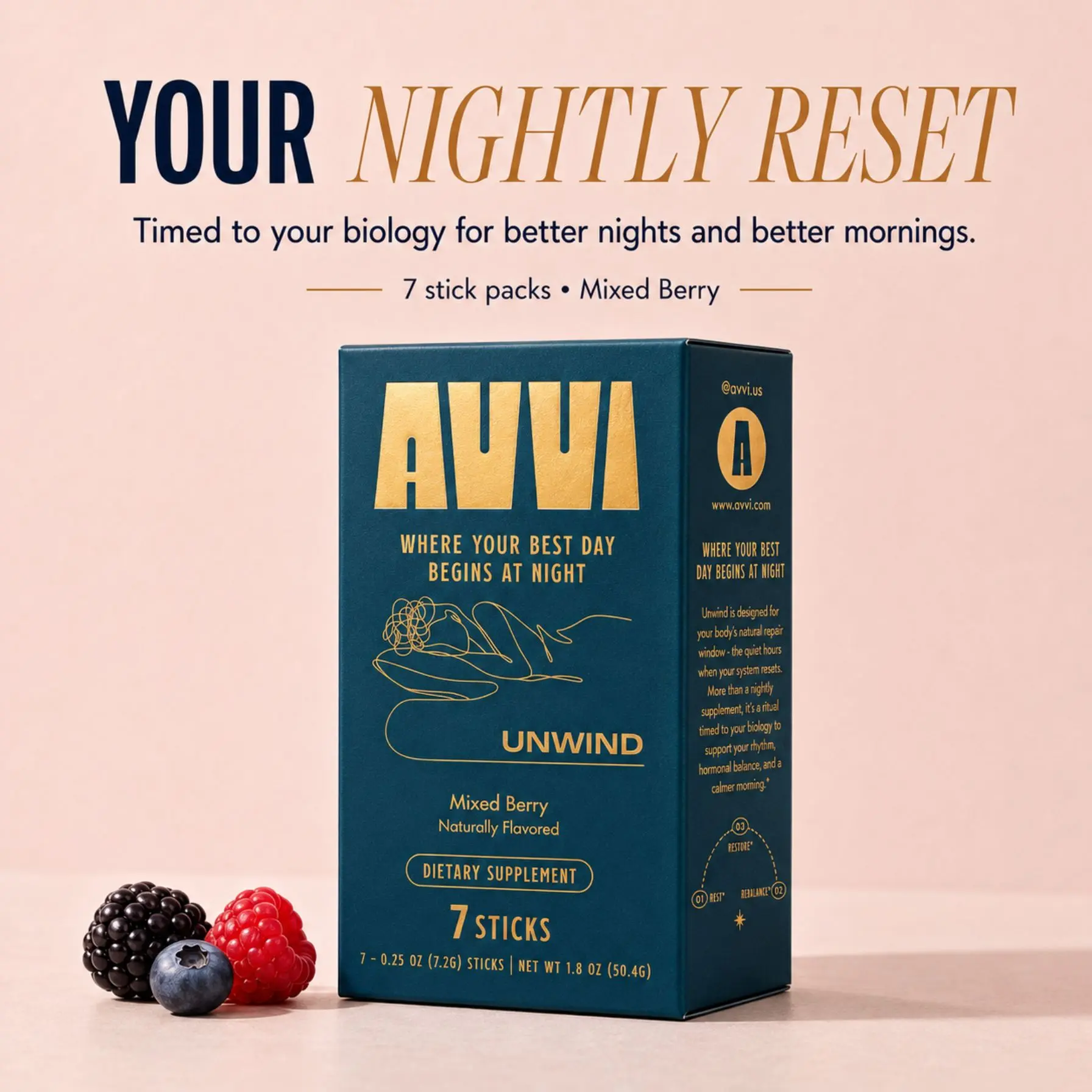 Avvi Unwind Mixed Berry Powder Stick Packs, 7 Count, Dietary Supplement, Add to Water