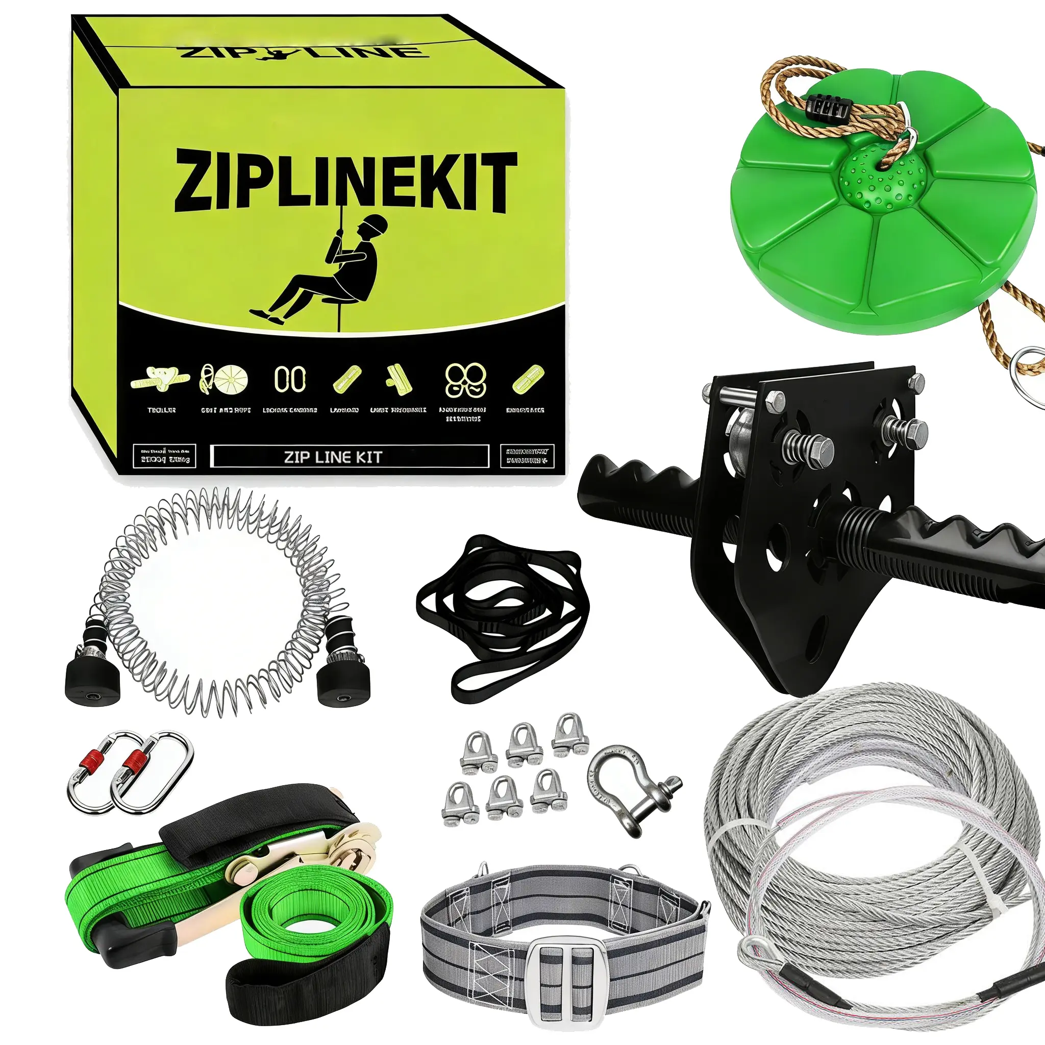 200FT Zip Line Kit for Kids & Adults, Backyard Zipline with Seat, Trolley and Spring Brake, Holds Up to 380 lbs