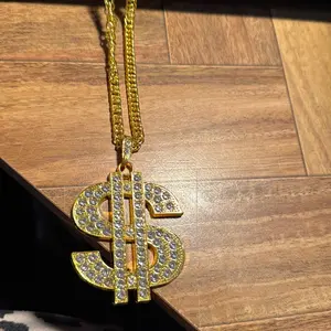 Gold Color Dollar Sign Pendant Necklace with Rhinestones and Chain for Men and Women