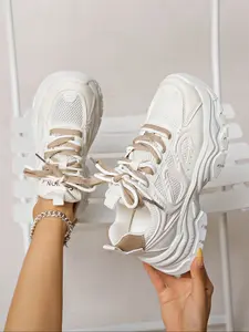 Thick Sole Casual Shoes, Flat Mesh Sneakers, Lightweight Footwear, All Seasons Round Toe Lace-Up Dad Shoes, Sizes 36-41 Available