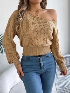 women's plain textured hollow out asymmetrical neckline sweater knitwear, elegant casual raglan sleeve long sleeve jumper for fall & winter, fashion ladies' knitwear for daily wear, women's clothing, go out tops, trending clothing women