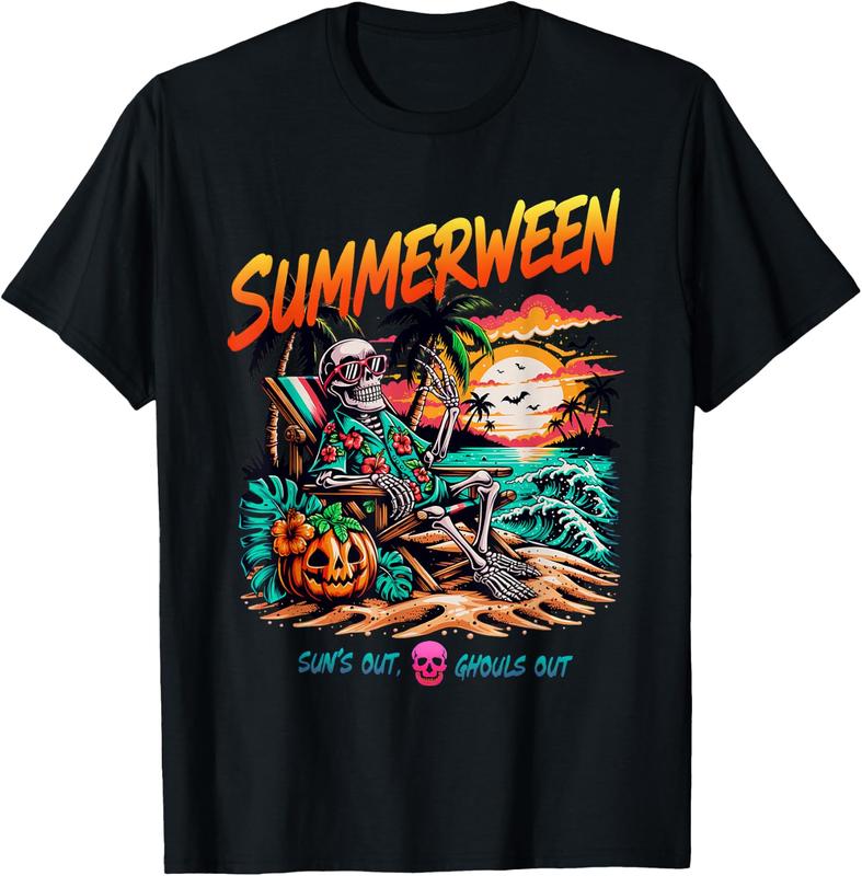Men's Breathable Soft Short-Sleeve Tropical Tee - Unisex Crew Neck Ocean Gradient Print Beach Skeleton Spooky Hawaiian Halloween Menswear T-Shirt, Novelty Gift for Horror Lovers
