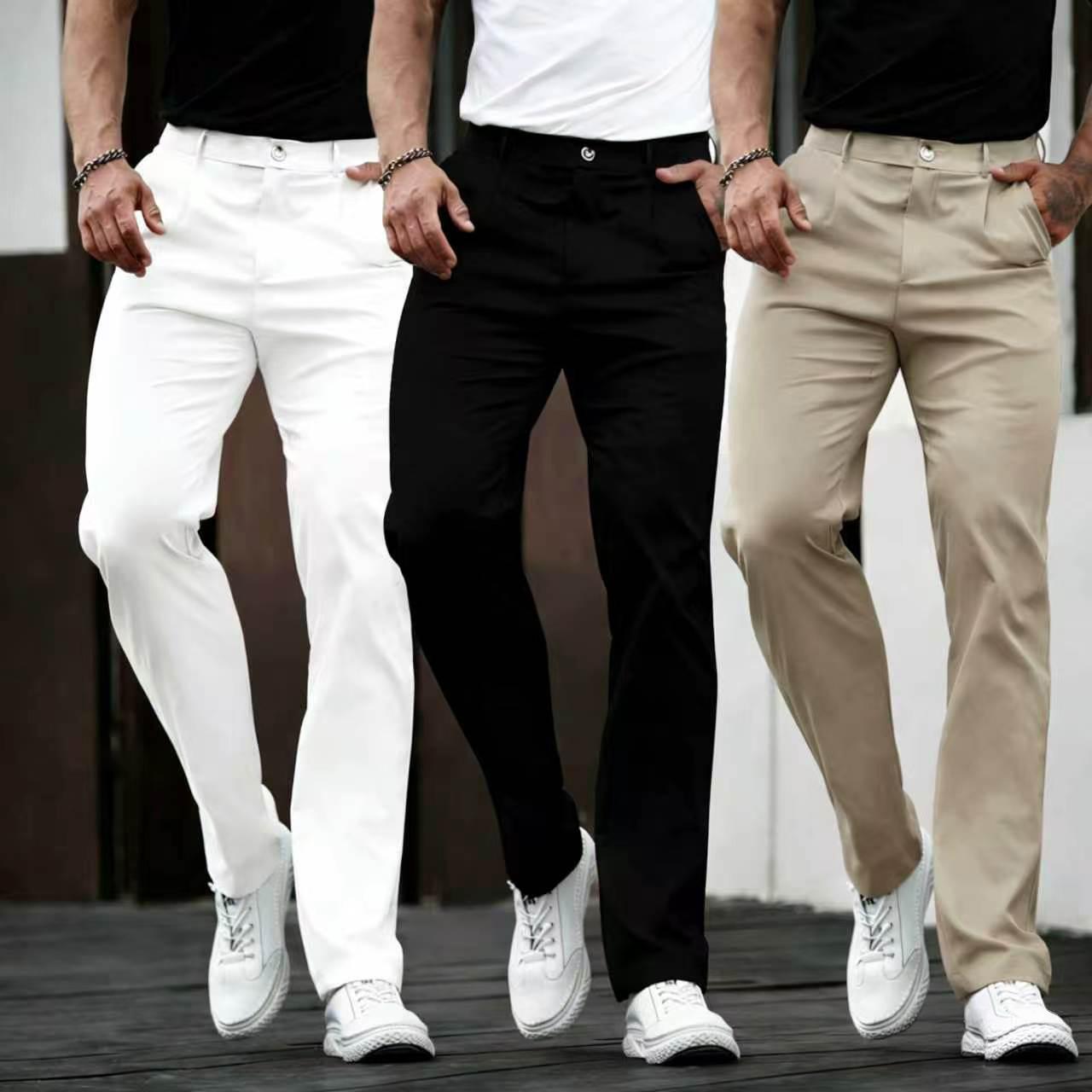 Men’s 3-pack business casual dress pants—classic straight-leg trousers, trendy Instagram item, classic pleated pants, perfect for all seasons, versatile fashion style, suit trousers.