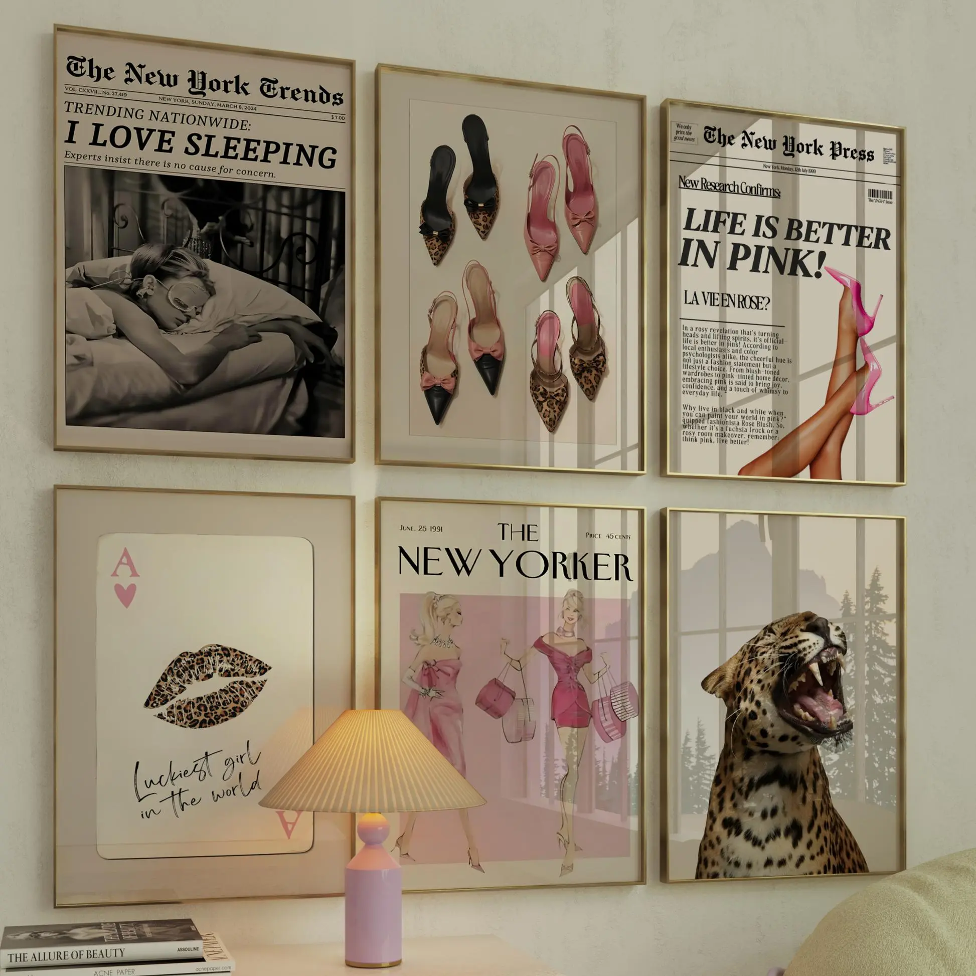 Retro Pink Cheetah Wall Art - 6 Set | Girly Leopard Poster Print | Y2k Aesthetic Dorm Room & College Apartment Bedroom Decor for Clean Girl