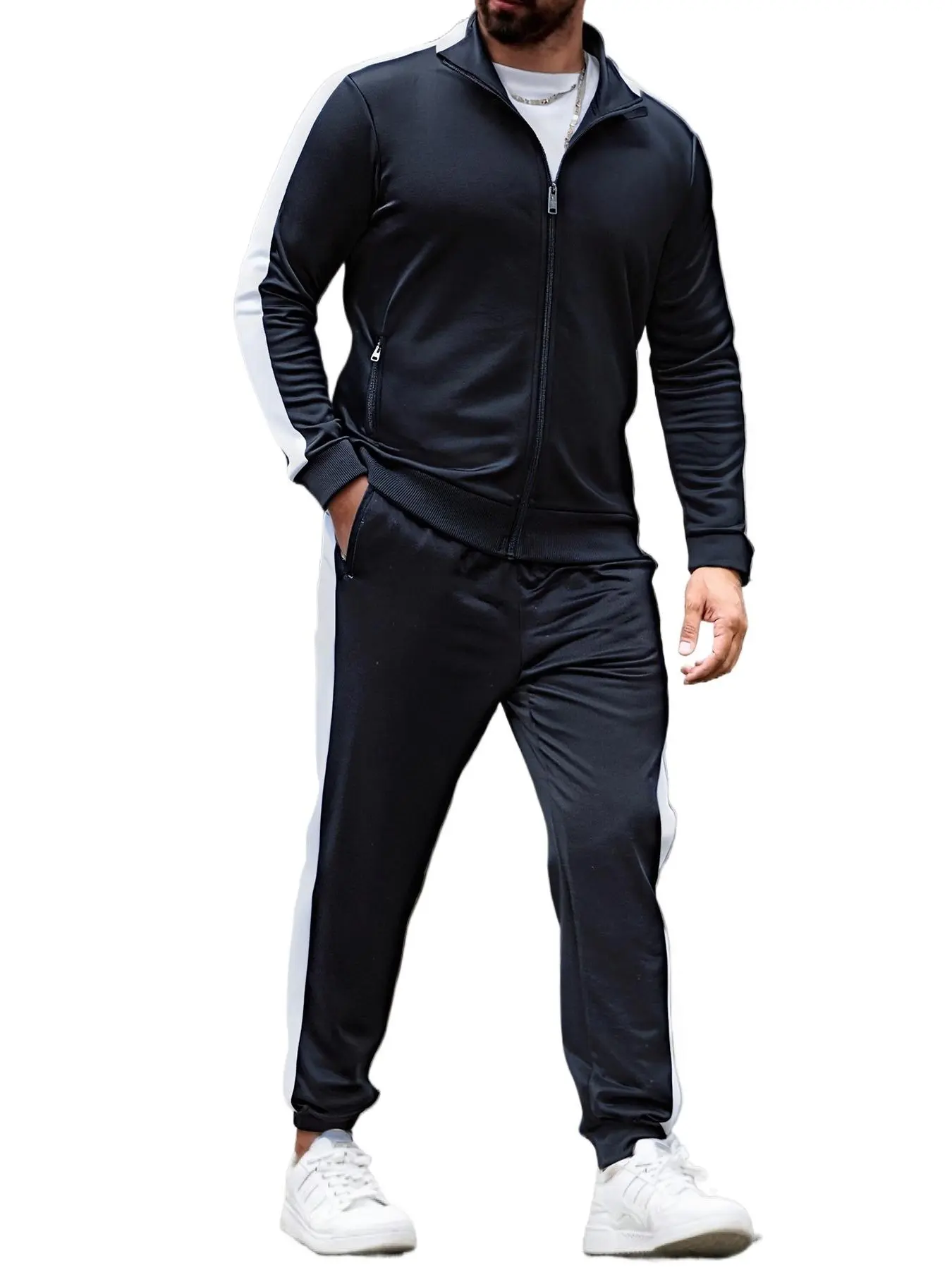 Men's 2-Piece Striped Tracksuits Set - Full-Zip Stand Collar Jacket, Cuffed Jogger Pants, Lightweight Wrinkle-Resistant Performance Fabric, Athletic Casual Outfit for Gym, Daily Wear