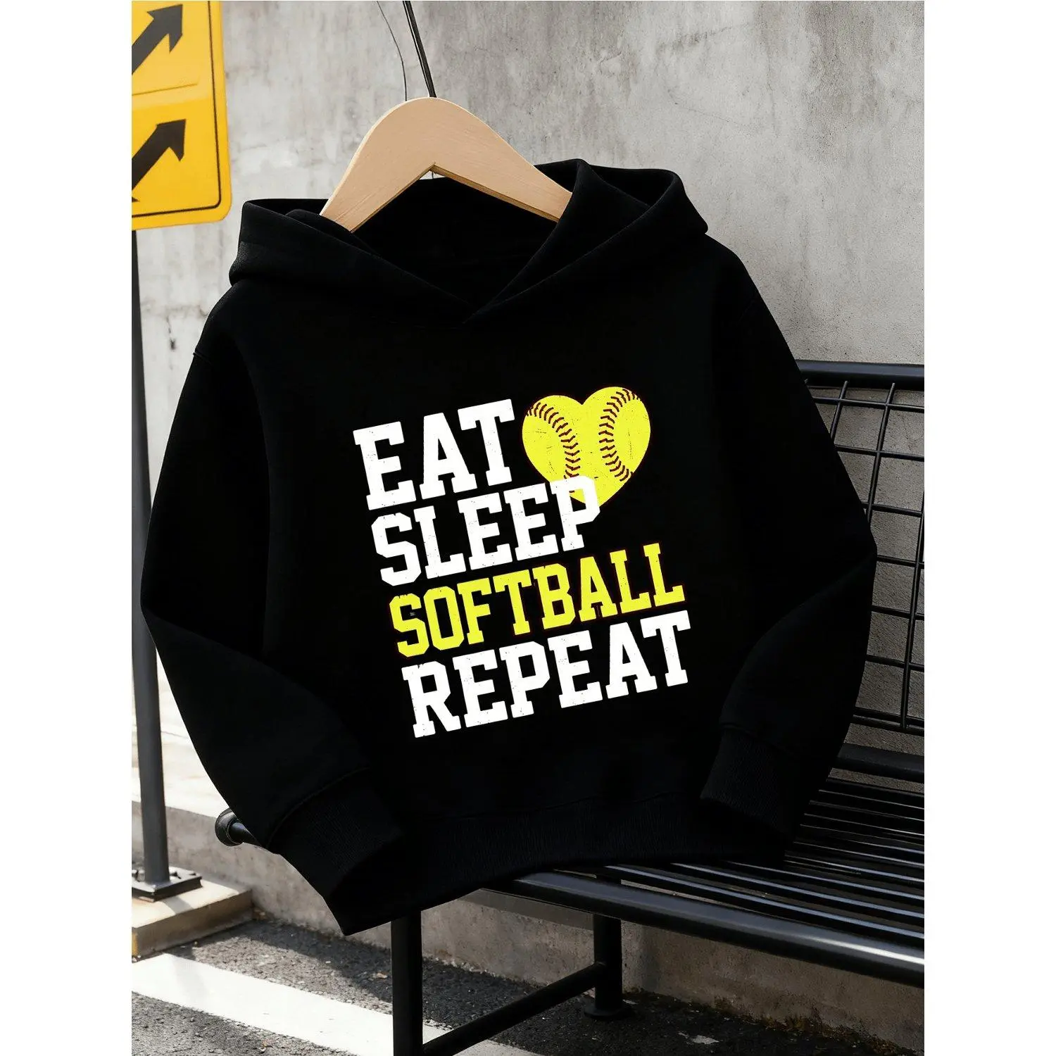 Hoodie Sweatshirt Eat Softball Repeat Print Sports Pattern Fashionable Versatile Casual Hoodie Sweatshirt Stylish Comfortable Athletic Outerwear
