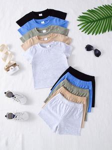 Boys' Plain Short Sleeve Top & Shorts Set, Soft Comfortable Fabric, Ideal for Daily, 10-Piece Pack, Clothing Sets