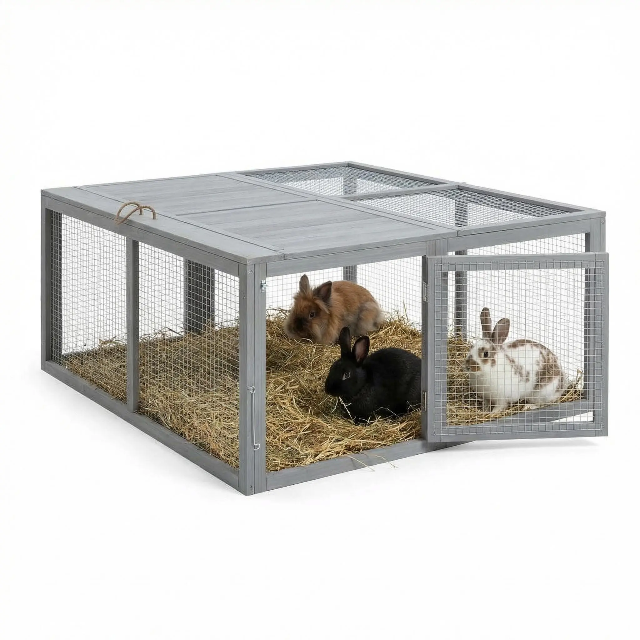 Collapsible Chicken Coop & Rabbit Hutch, 18 lbs No-Assembly Pine Wooden Cage with Double Door (Top & Side), Mesh, Indoor/Outdoor Pet Enclosure for Chickens & Small Poultry (45" Lx42" Wx20" H), Grey, Rabbit Cage