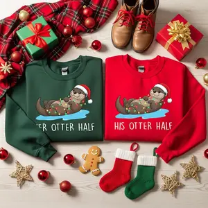 [ Sale up to 50% ] Matching Christmas Couples Sweaters, Funny His Hers Otter Half Holiday Sweater, Cozy Xmas Crewneck Gift for Him & Her, Festive Couple Gifts