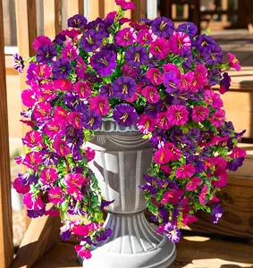 4 PCS Artificial Hanging Flowers Fake Plants Outdoor,Silk Morning Glory Faux Flowers with Eucalyptus Leaf,UV Resistant Realistic Hanging Petunias Plants for Home Garden Decor (Purple+Fuchsia)