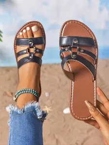 Women's Fashionable Plain Color Slingback Sandals, Casual Comfortable Flat Sandals for Summer, Lightweight Breathable Shoes for Daily Wear, Girl, Multi Strap Sandals