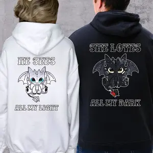 Toothless And Light Fury He Sees All My Light And She Loves All My Dark Matching Hoodie For Couple Graphic Hoodie Casual Fleece Fabric Tops Outfits