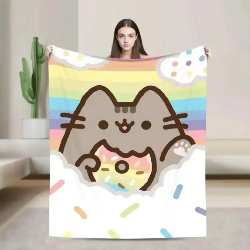 Pusheen Donut Cat Throw Blanket, Cute Kawaii Cartoon Kitty Soft Cozy Plush Bed Blanket, Lightweight Warm Blankets for Kids Bedroom Decor, Couch Sofa Living Room, Birthday Gifts for Girls and Cat Fans